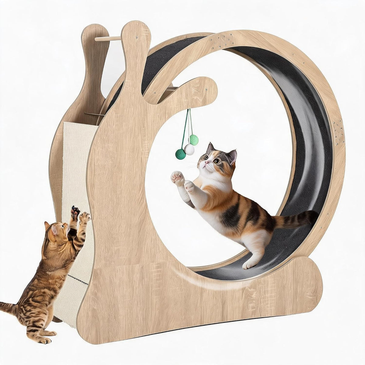 Natural 45-inch wooden cat exercise wheel with carpeted track
