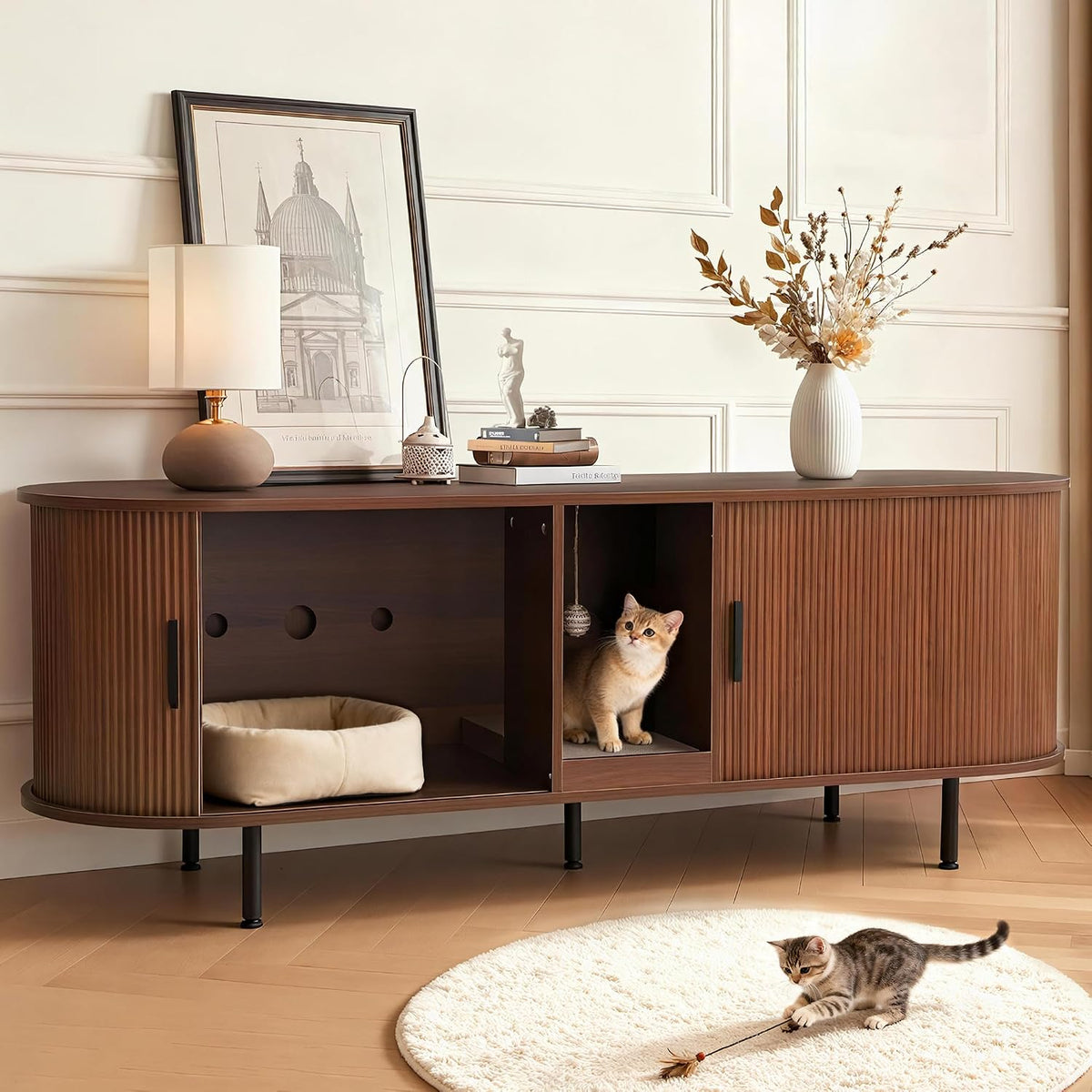 Fluted double litter box cabinet with sliding tambour door
