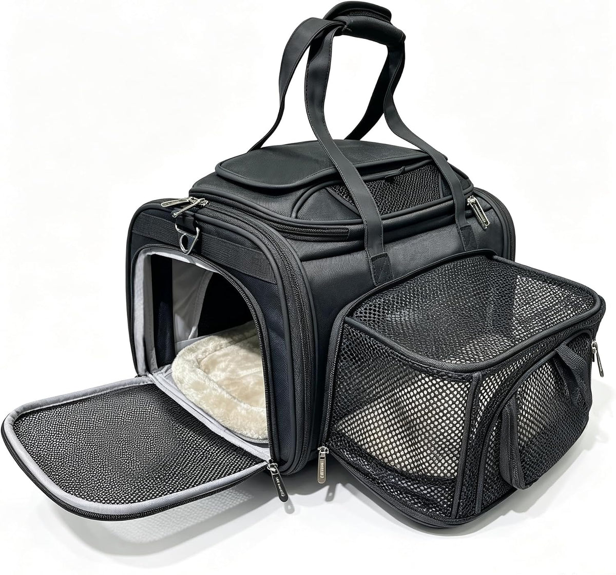 Black mini expandable airline pet carrier with mesh panels and raised top – view 2