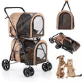 Beige pet stroller with two detachable carriers stacked on a wheeled frame