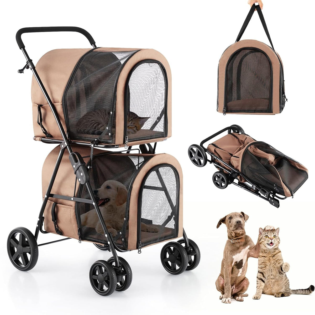 Beige pet stroller with two detachable carriers stacked on a wheeled frame