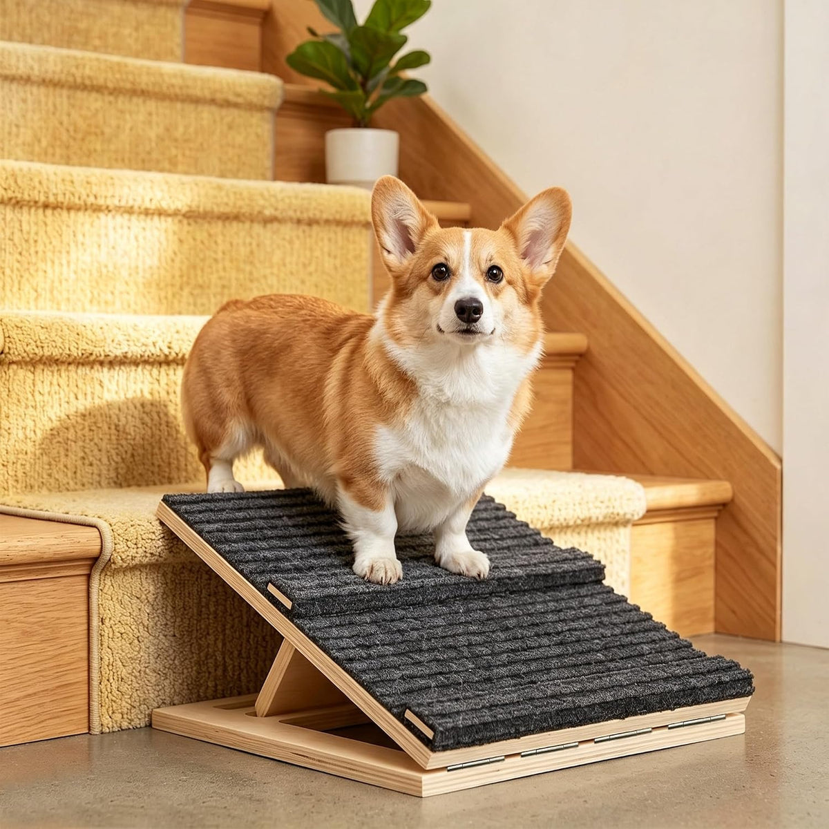 Coffee brown ottoman that unfolds into non-slip wooden dog stairs beside a couch – view 4