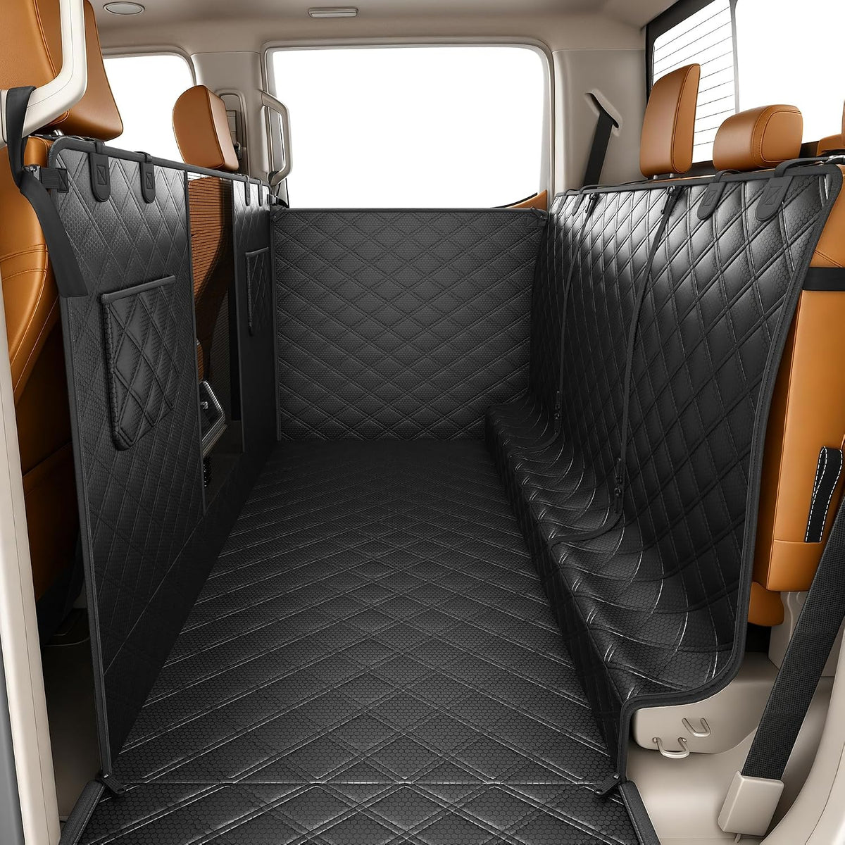 Rear floor cover installed in a crew cab pickup truck with seats folded up