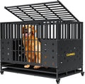 Black 48 inch heavy duty steel dog crate with wide door and lockable wheels