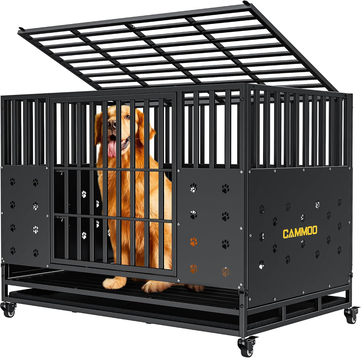 Black 48 inch heavy duty steel dog crate with wide door and lockable wheels