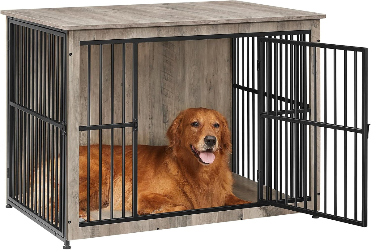Greige wooden dog crate end table with steel tubes and double doors