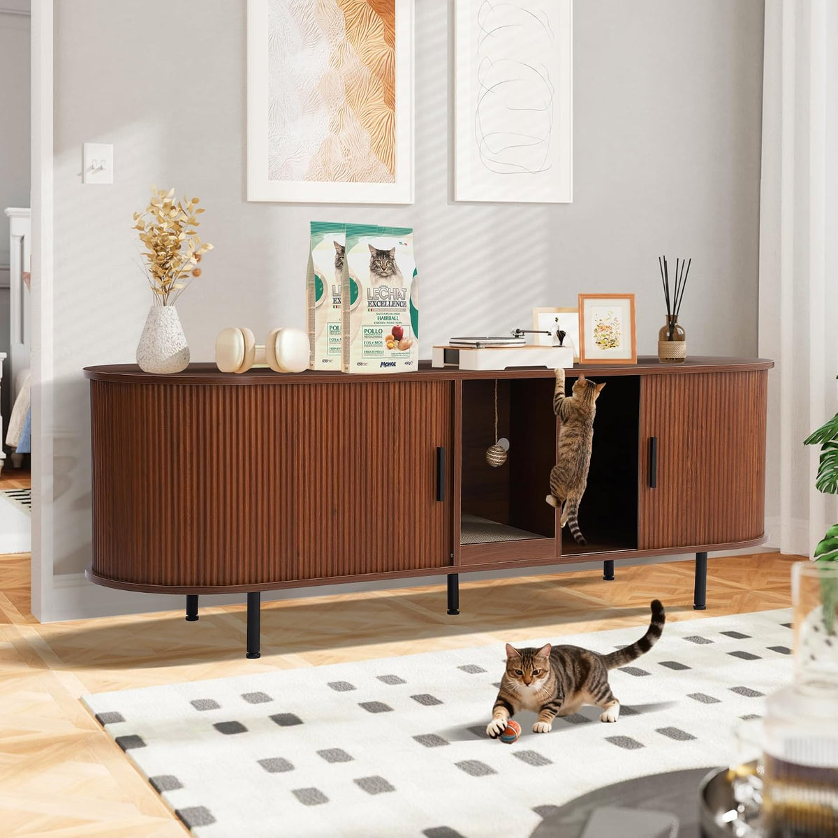 Natural wood 63 inch fluted double litter box enclosure for two cats – view 2