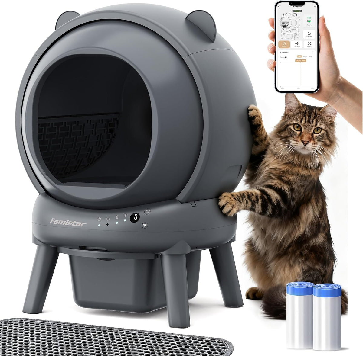Gray 100L automatic self-cleaning cat litter box with mat