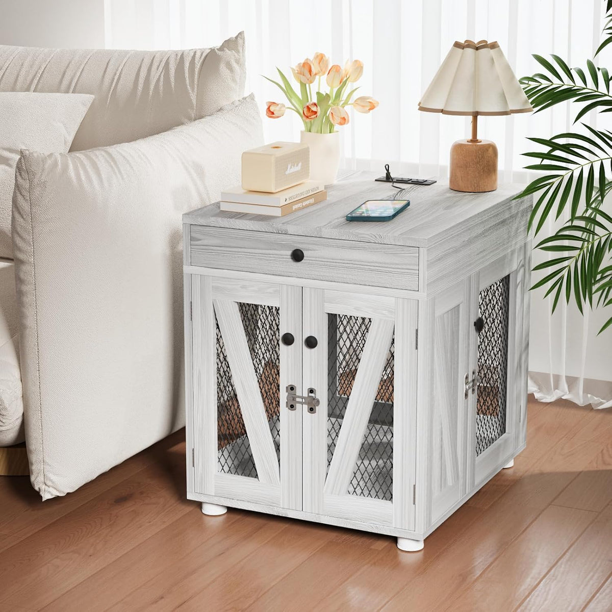 Gray wooden dog crate end table with USB charging station and drawer