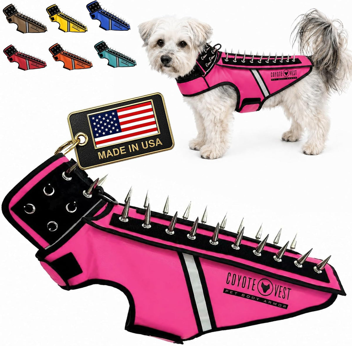 Fluorescent orange stab-resistant small dog harness vest with spike add-on – view 27