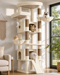 Beige 80 inch corner cat tree with padded condos and perches