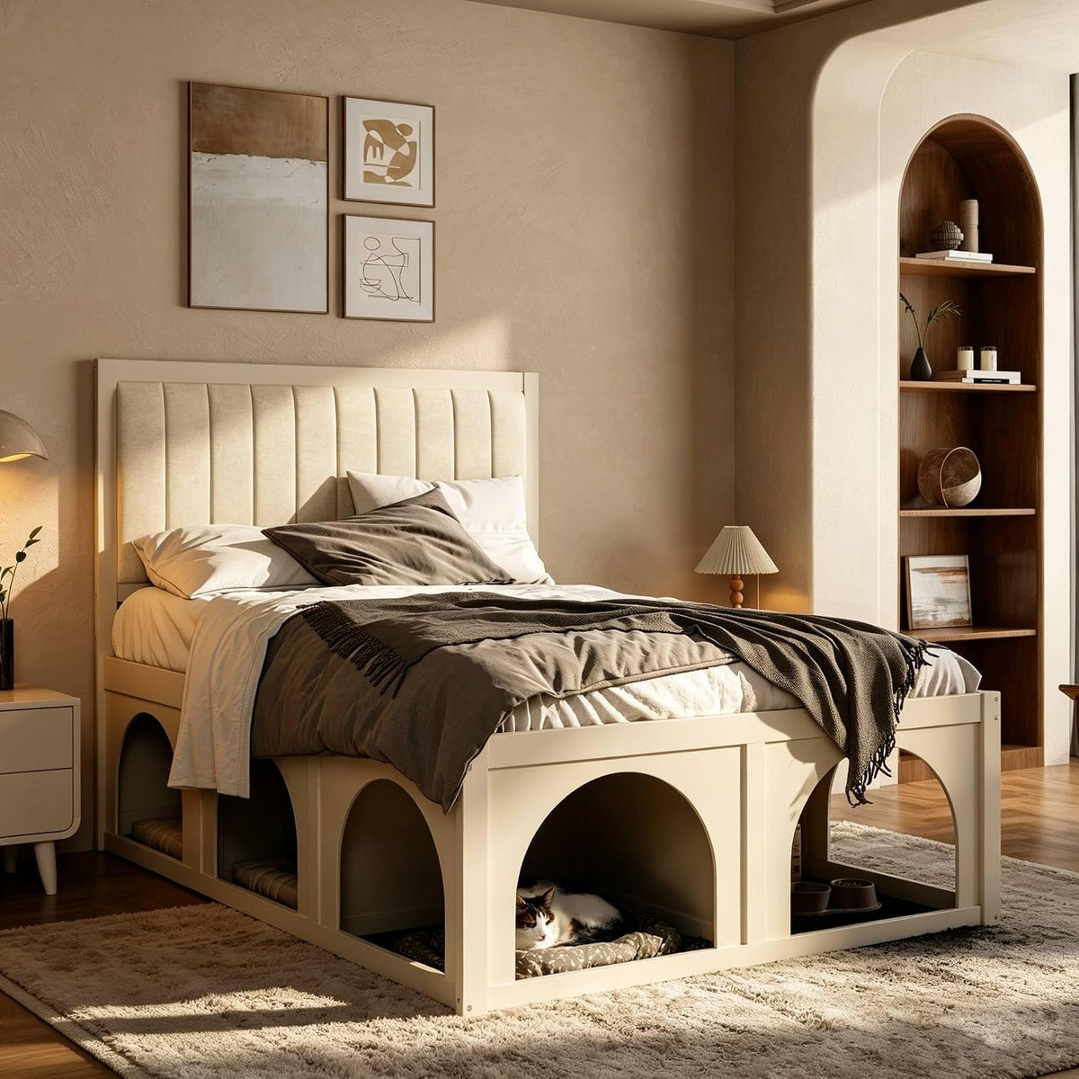 Black full platform bed with arched pet nook beneath – view 6