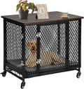Wooden dog crate end table with double doors, cushion and tray
