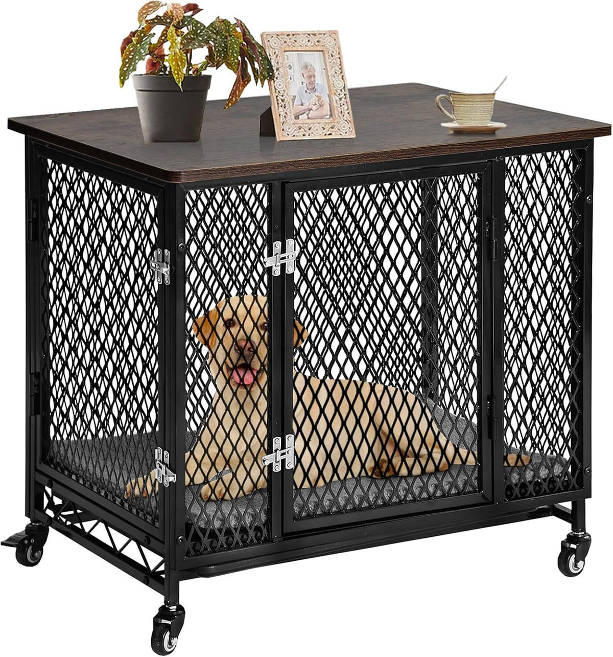 Wooden dog crate end table with double doors, cushion and tray