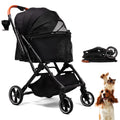 Black foldable pet stroller with four all-terrain wheels and tall handle