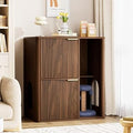31.5-Inch Walnut Cat Litter Cabinet with Cat Tree, Dual Cat Doors and Storage Shelves