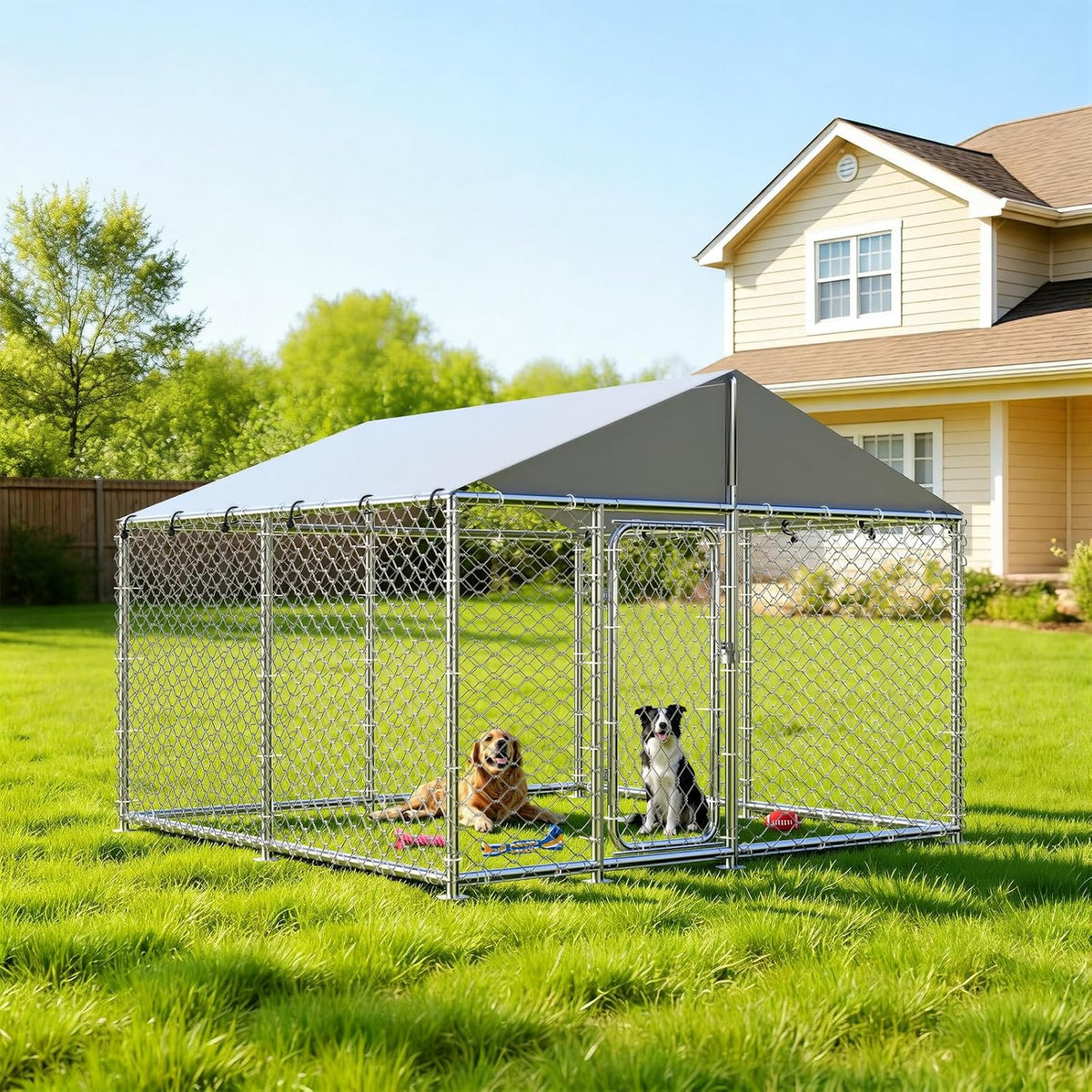 Square wire mesh outdoor dog kennel with locking gate and waterproof roof cover