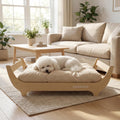 Elevated wood grain dog bed frame with tufted cushion in a living room – view 5