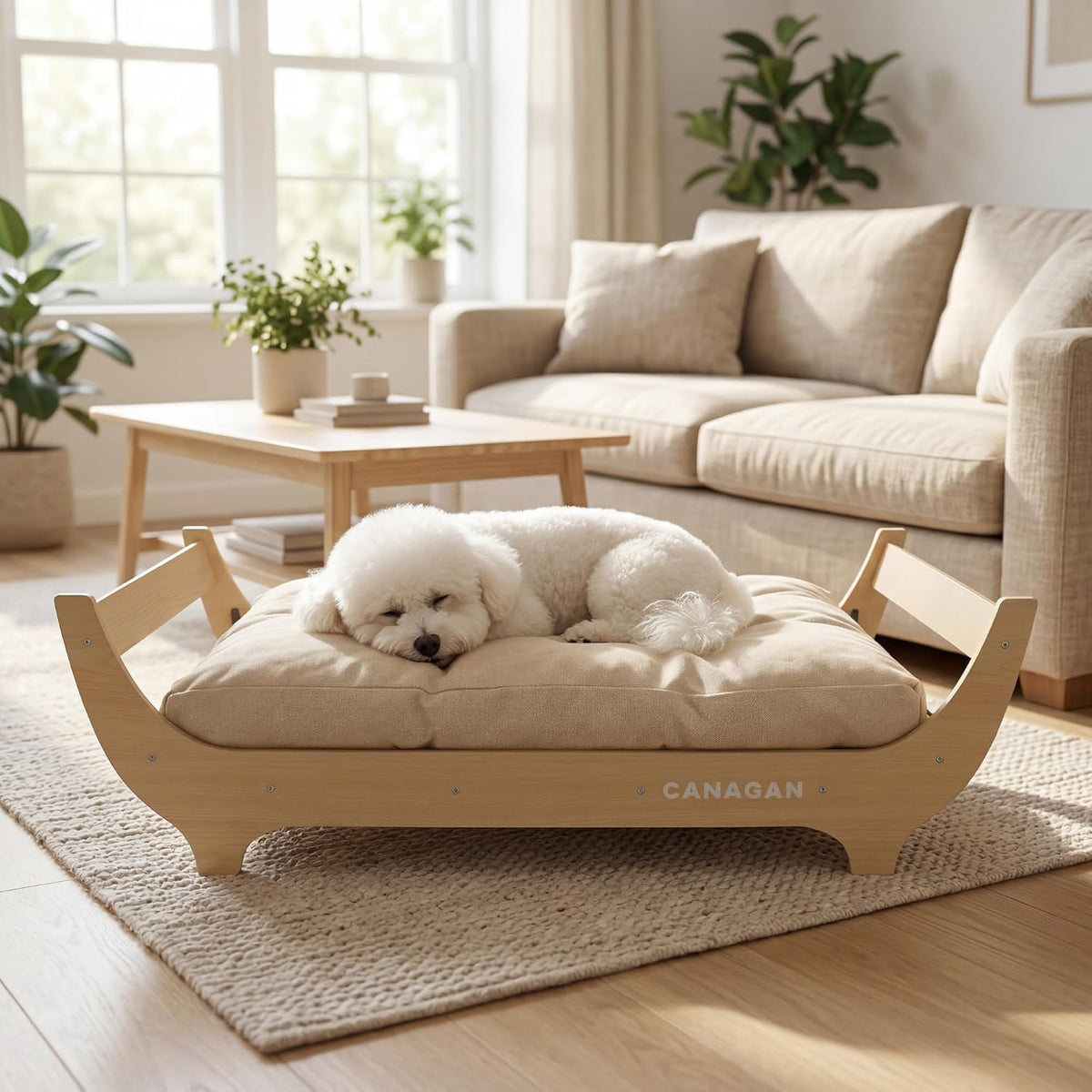 Elevated wood grain dog bed frame with tufted cushion in a living room – view 5