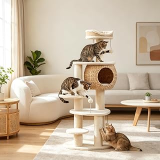 52-Inch Cat Tree Tower with Handwoven Cattail Condo, Plush Bed, Multiple Platforms, 3 Sisal Posts, 3 Toy Balls