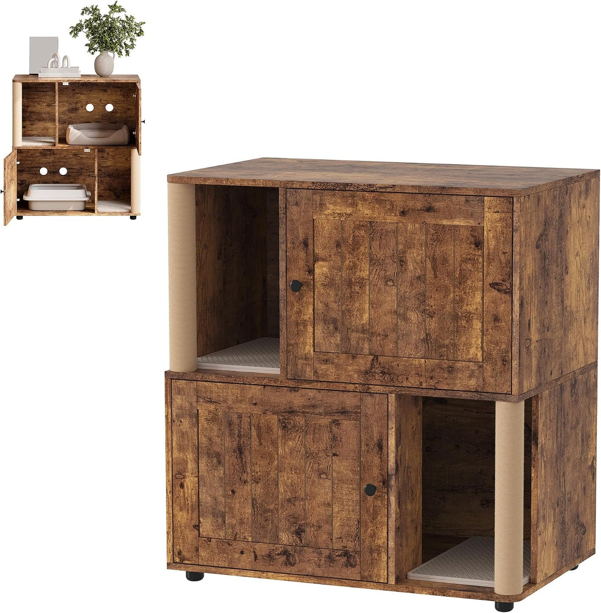 Double layer litter box enclosure side table with scratching boards