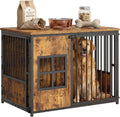 Antique brown wood and metal dog crate furniture with tabletop