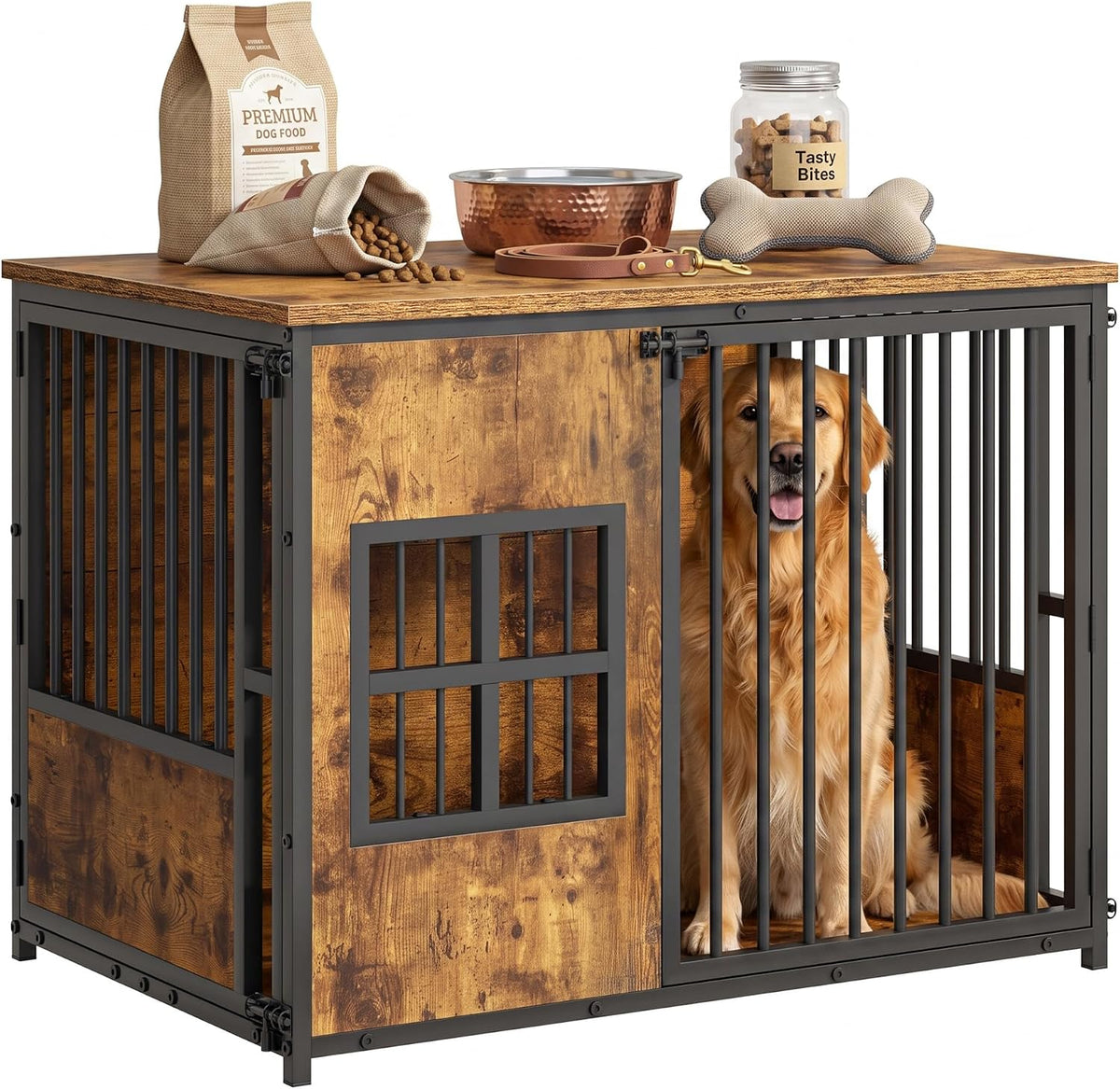 Antique brown wood and metal dog crate furniture with tabletop
