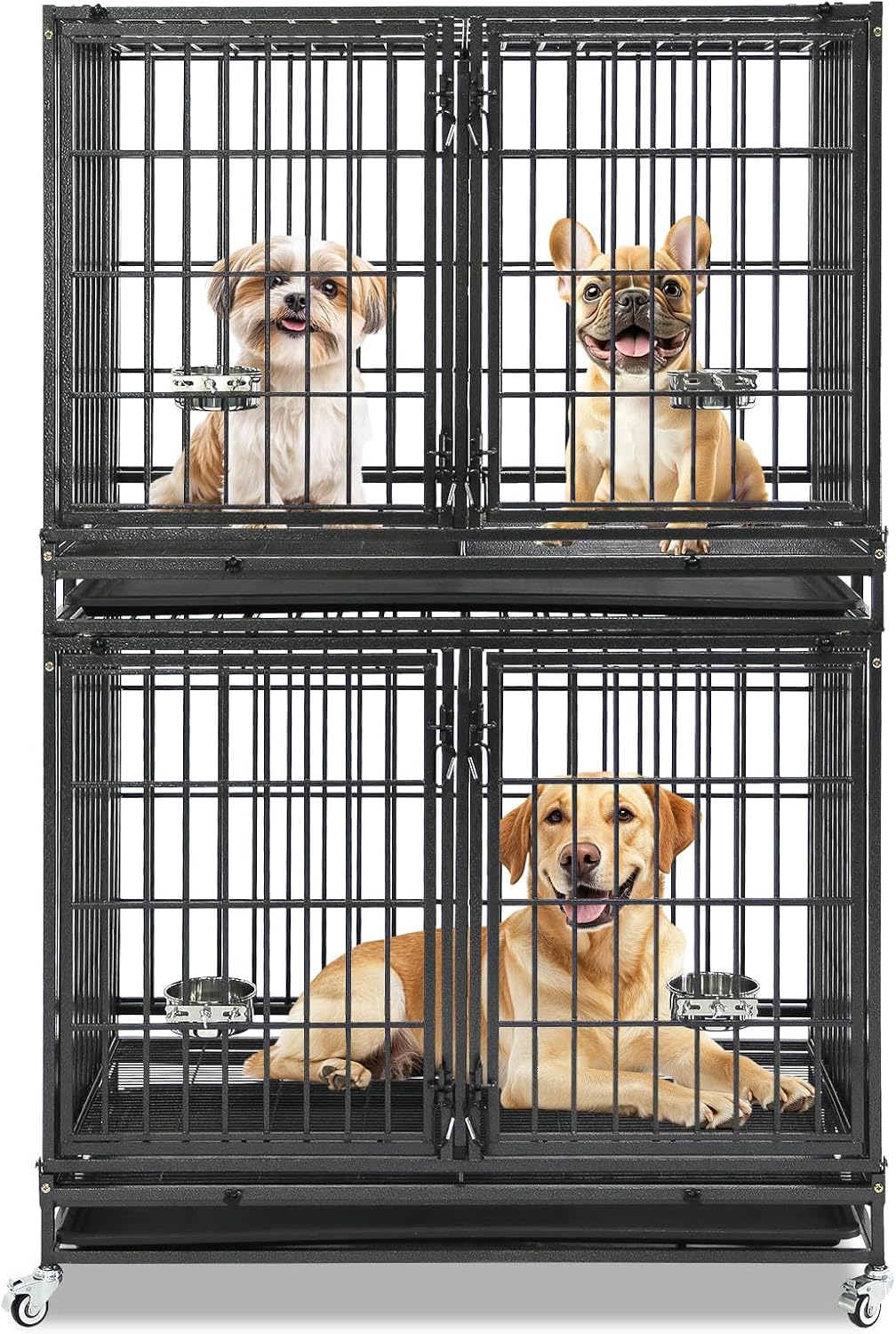 Two stacked 36 inch heavy duty metal dog crates on lockable wheels – view 2
