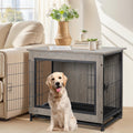 Gray wooden double-door dog crate end table with removable tray