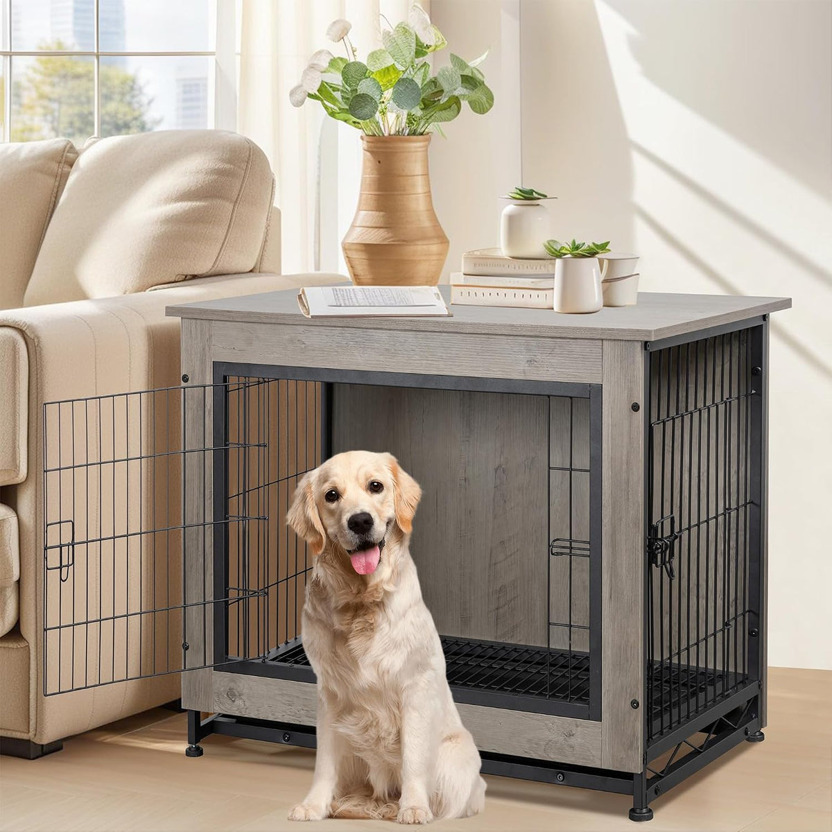 Gray wooden double-door dog crate end table with removable tray