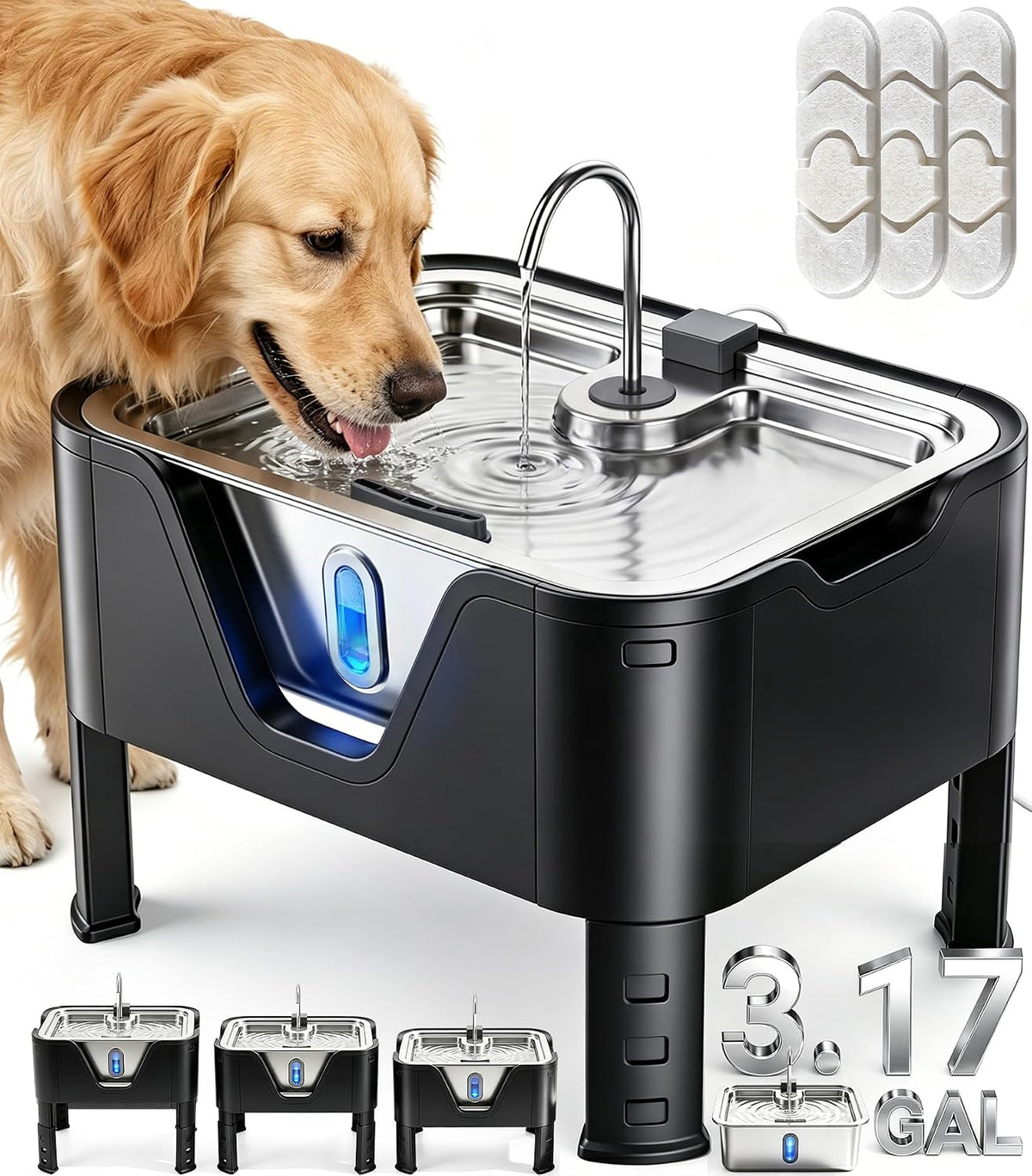 Silver elevated stainless steel dog water fountain with adjustable stand – view 2