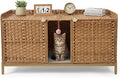 GarveeLife Cat Litter Box Enclosure Furniture, Handwoven Rattan Cat House with Door, Mat and S-Shaped Hooks
