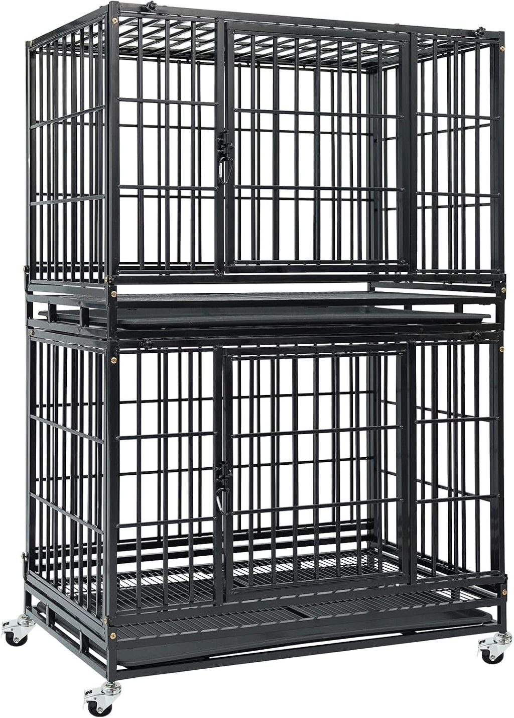 Two stacked 36 inch heavy duty metal dog crates on lockable wheels