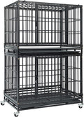 Two stacked 36 inch heavy duty metal dog crates on lockable wheels