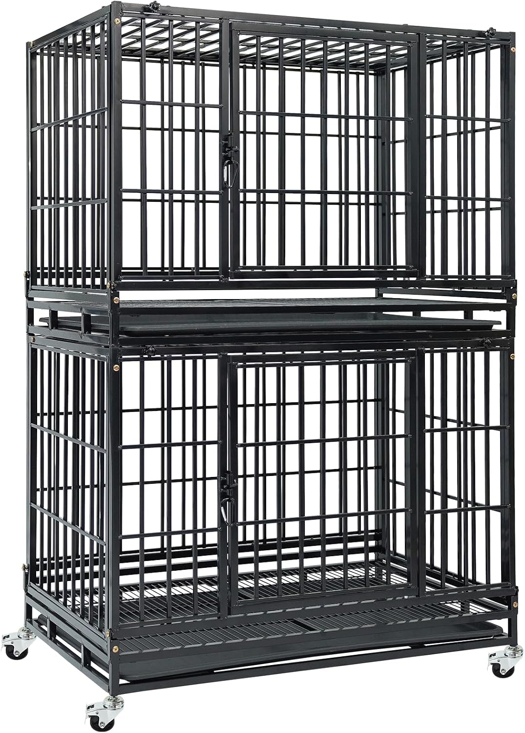 Two stacked 36 inch heavy duty metal dog crates on lockable wheels