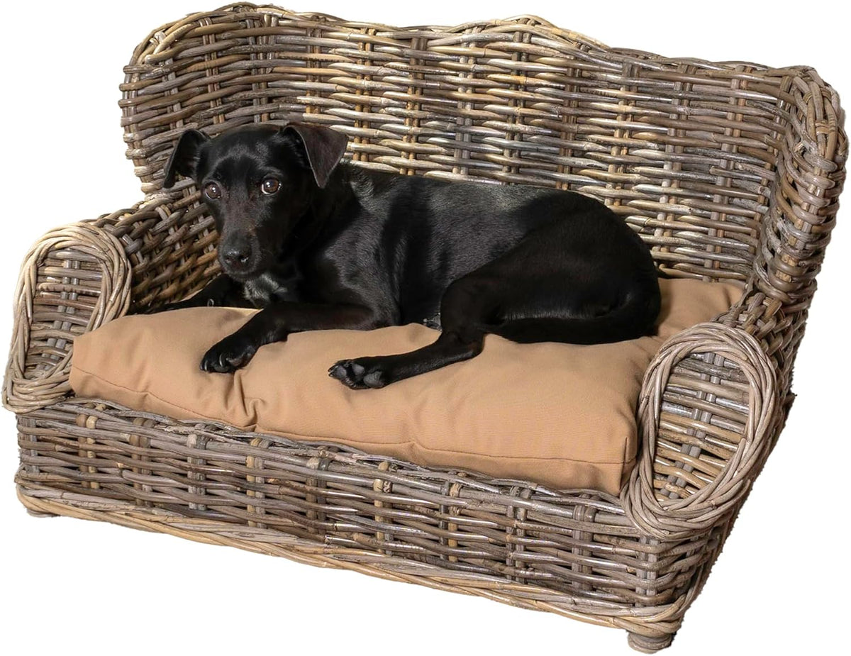 Light brown wicker pet daybed sofa with cushion – view 2