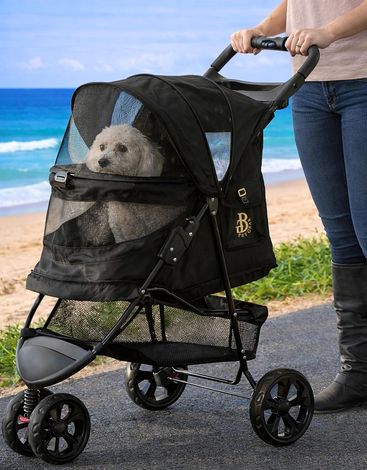 Charcoal black three-wheel no-zip pet stroller