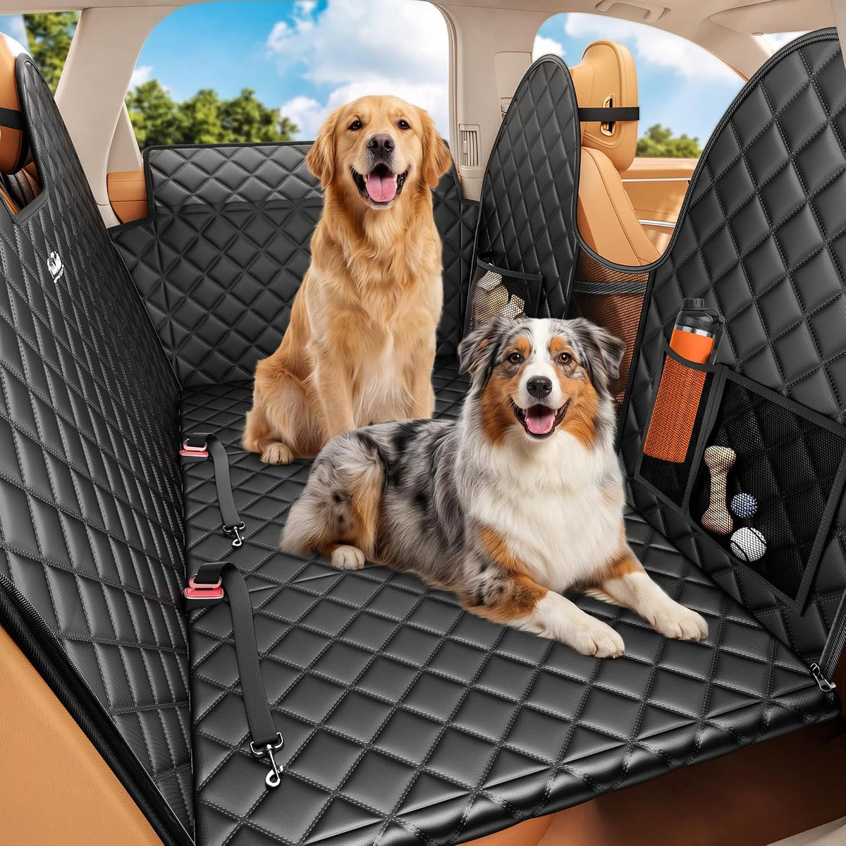 Hard bottom dog car seat cover installed across a vehicle back seat