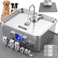 Large silver stainless steel dog water fountain on a gray mat with water level window