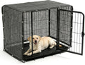 Black breathable mesh shade cloth with grommets over an outdoor dog kennel