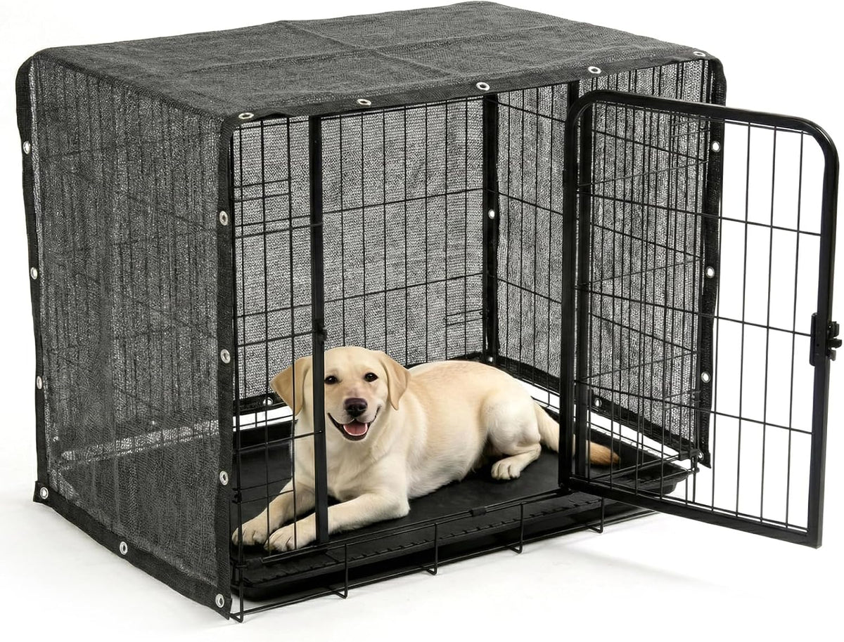 Black breathable mesh shade cloth with grommets over an outdoor dog kennel