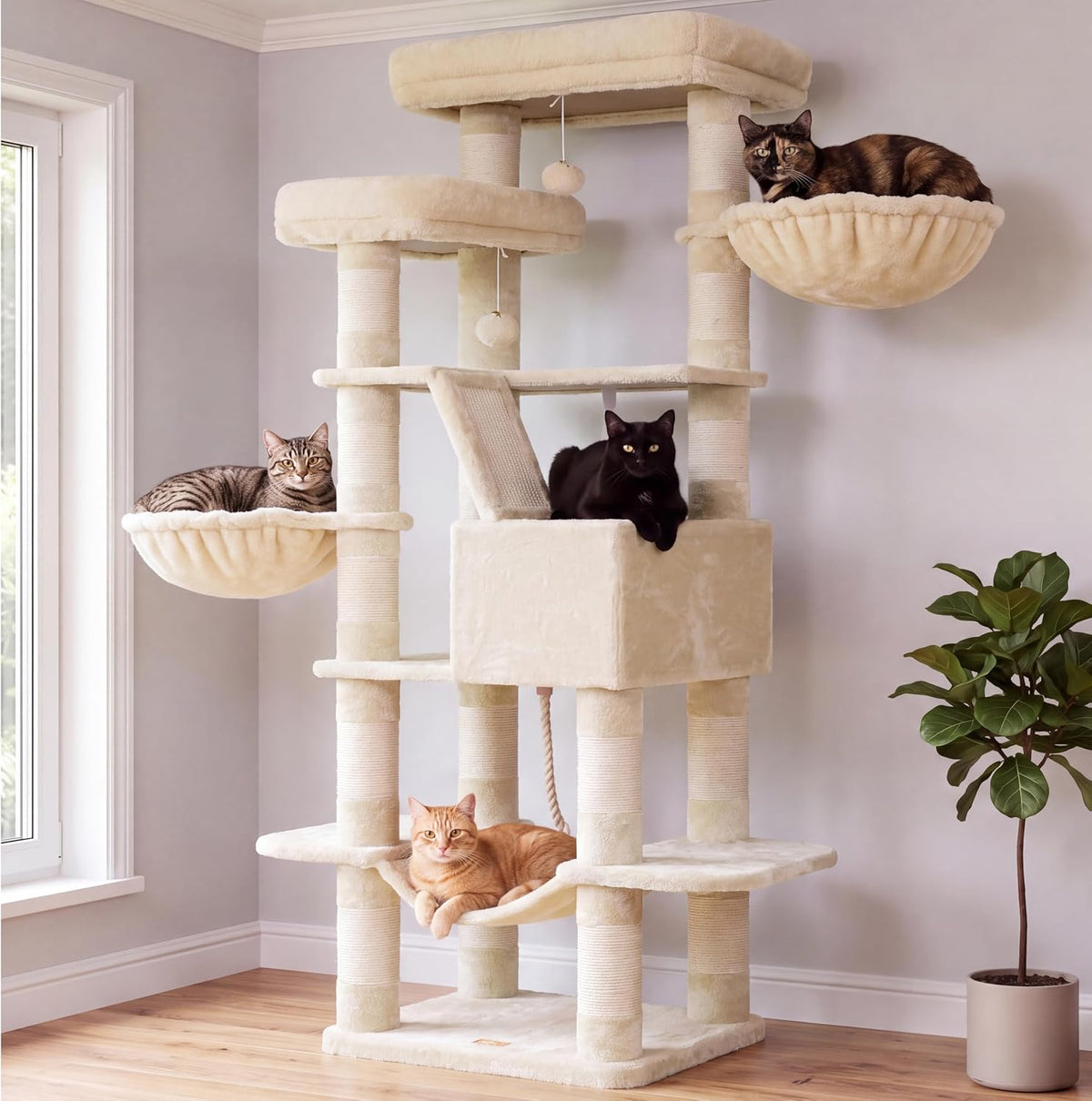 71 inch leopard print cat tree with two condos, hammocks and basket – view 5