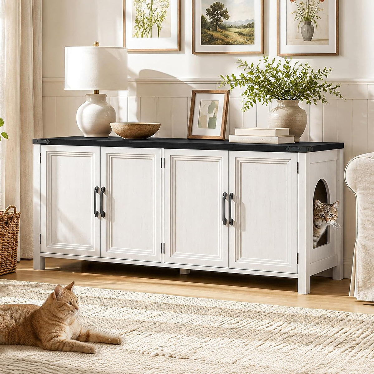 White and black farmhouse litter box cabinet with two doors