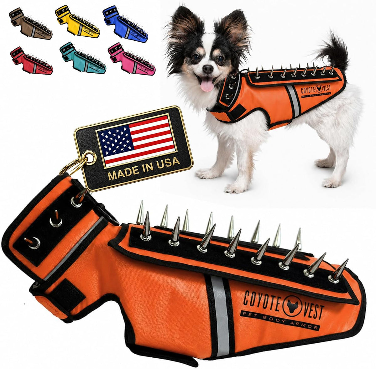Fluorescent orange stab-resistant small dog harness vest with spike add-on