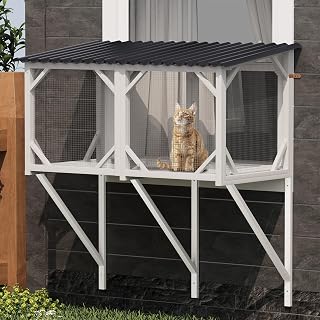 43.3-Inch Outdoor Cat Window Box with Net and Perch, White