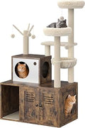 Cat Litter Box Enclosure with Tree Tower and Condo, Hidden Furniture with Sisal Post, Hammocks and Plush Perch, Rustic Brown