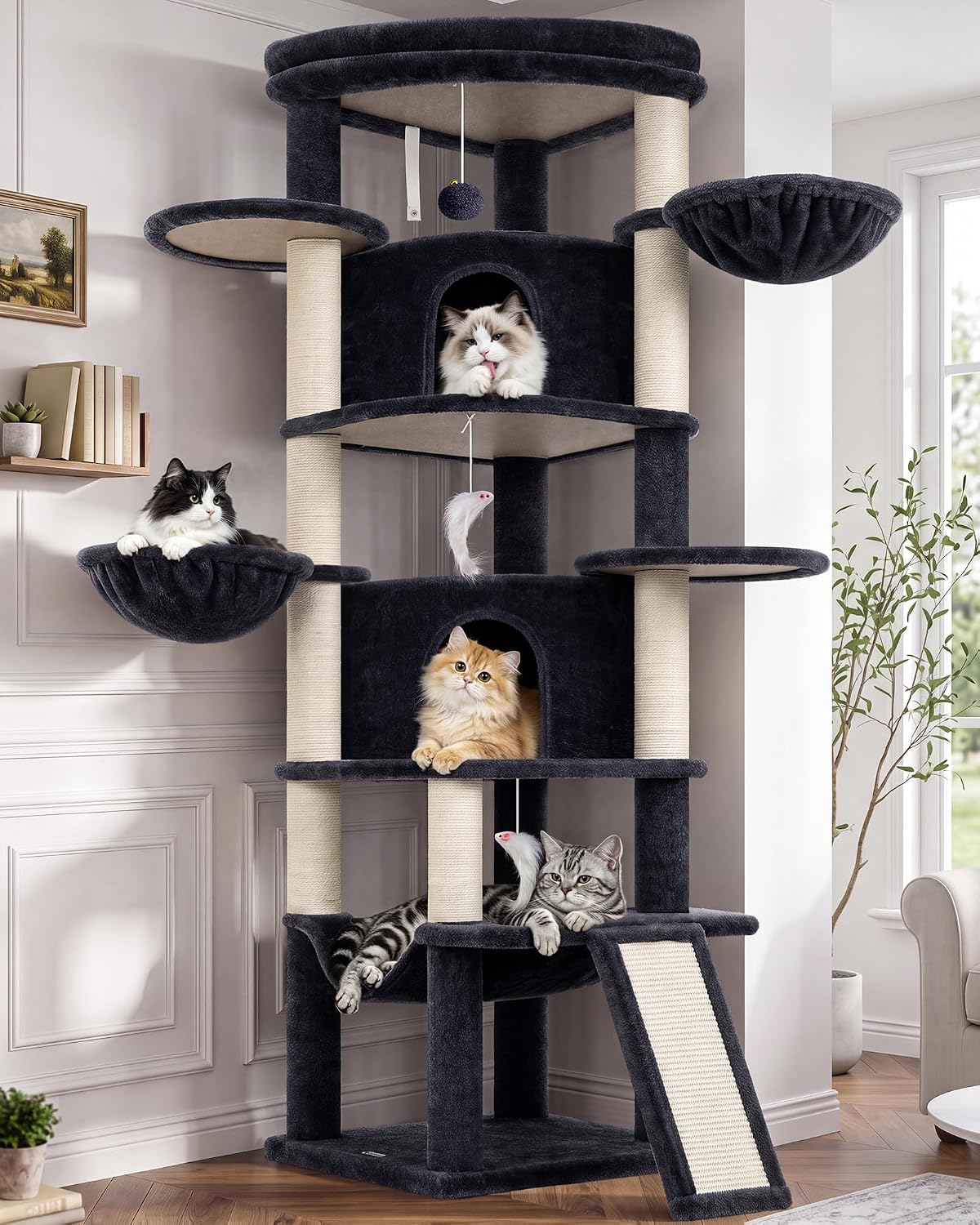 Dark grey 73 inch corner cat tree with fan-shaped condos and baskets