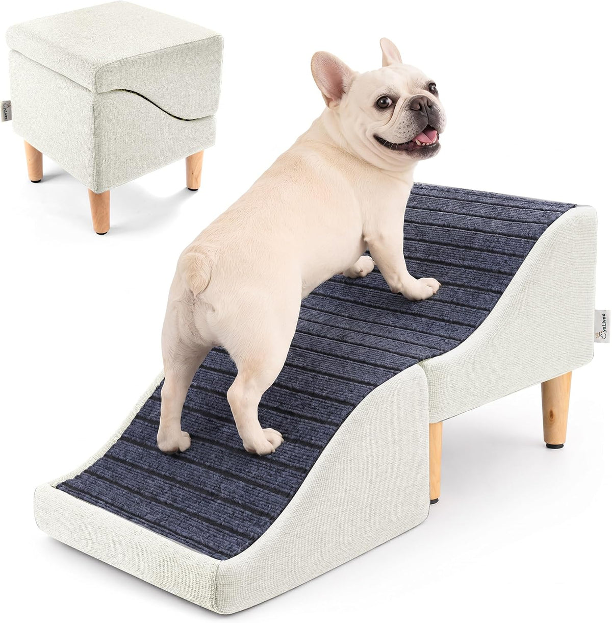 Grey linen-look ottoman unfolded into wave-shaped dog stairs beside a couch – view 2