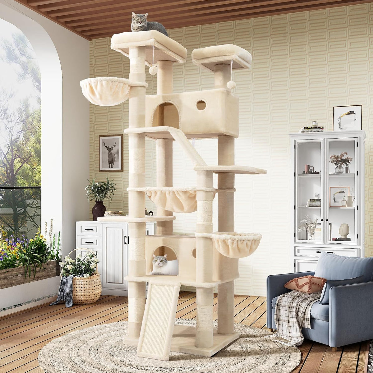 Tall dark grey multi-level cat tree with hammock, perches, condo and sisal posts – view 4
