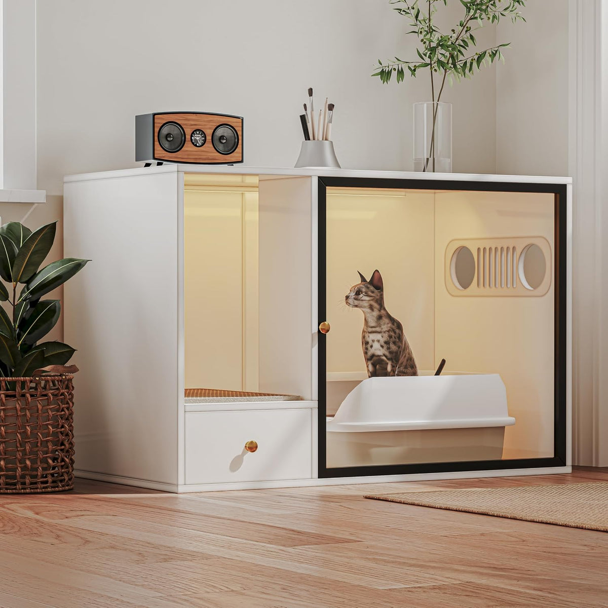 White litter box enclosure cabinet with glass door and storage drawer